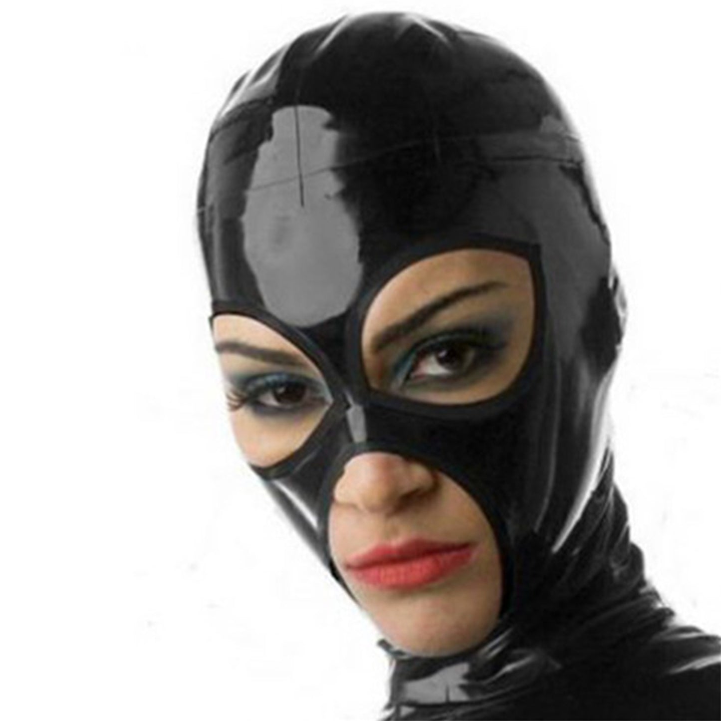 Schwarze Latex-Kapuzenmaske mit offenem Mund und Augen, Fetisch-Gummi-Kapuzenmasken