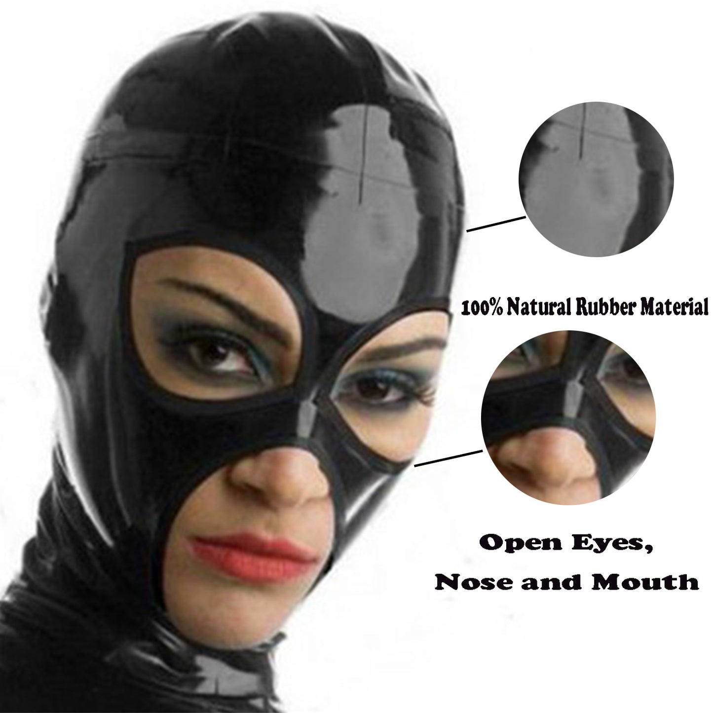 Schwarze Latex-Kapuzenmaske mit offenem Mund und Augen, Fetisch-Gummi-Kapuzenmasken
