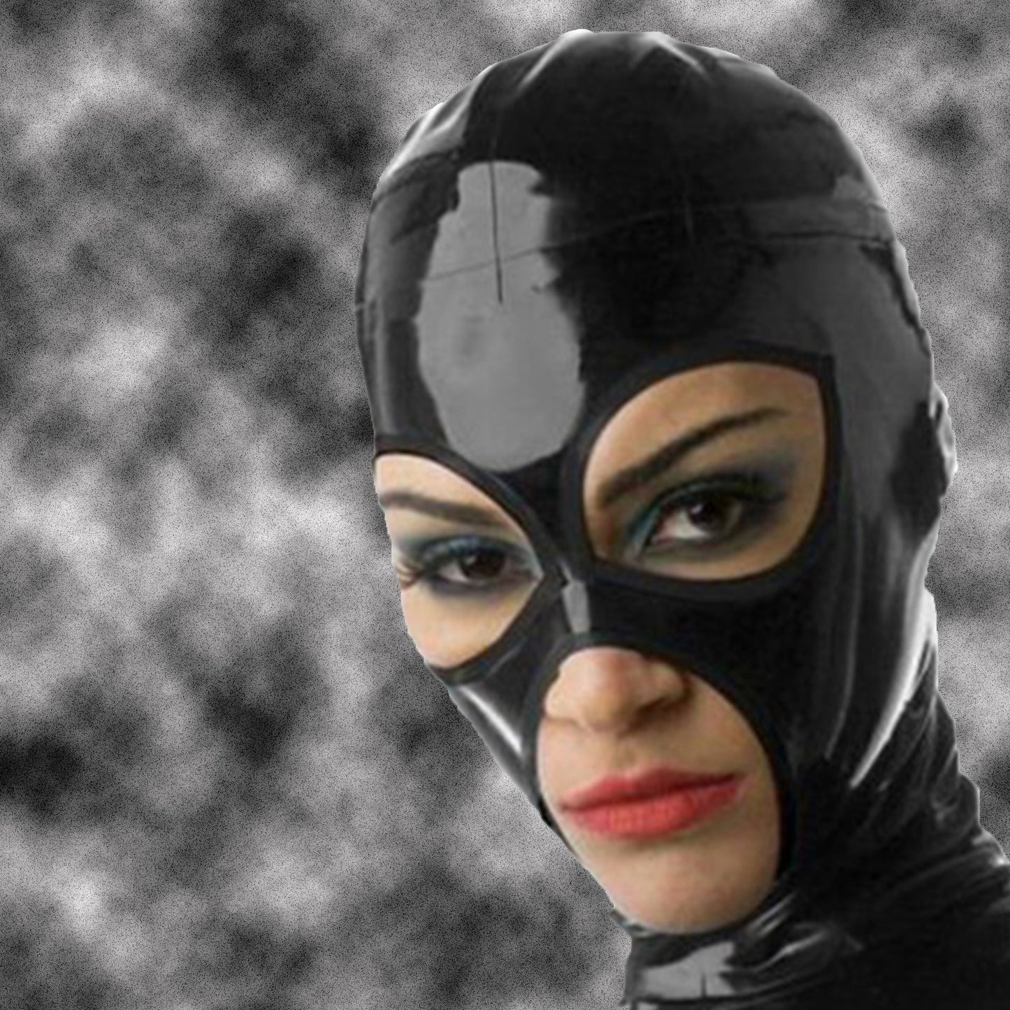 Schwarze Latex-Kapuzenmaske mit offenem Mund und Augen, Fetisch-Gummi-Kapuzenmasken