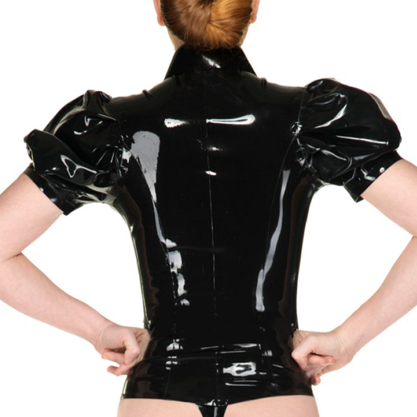 Black Latex T-Shirt Puff Sleeves Top