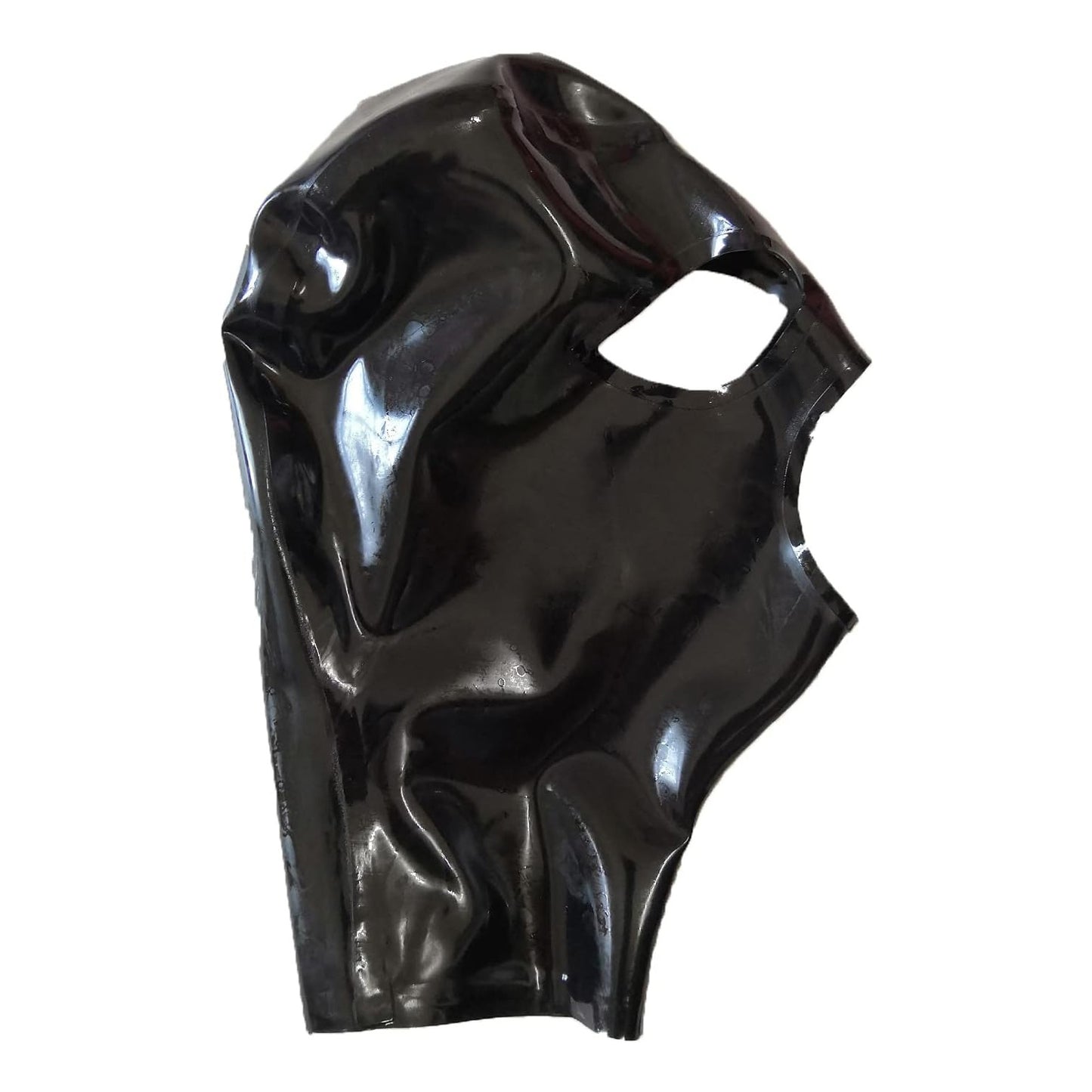 Schwarze Latex-Kapuzenmaske mit offenem Mund und Augen, Fetisch-Gummi-Kapuzenmasken