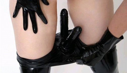 Women's Black Latex Leggings with Front and Back Dildos