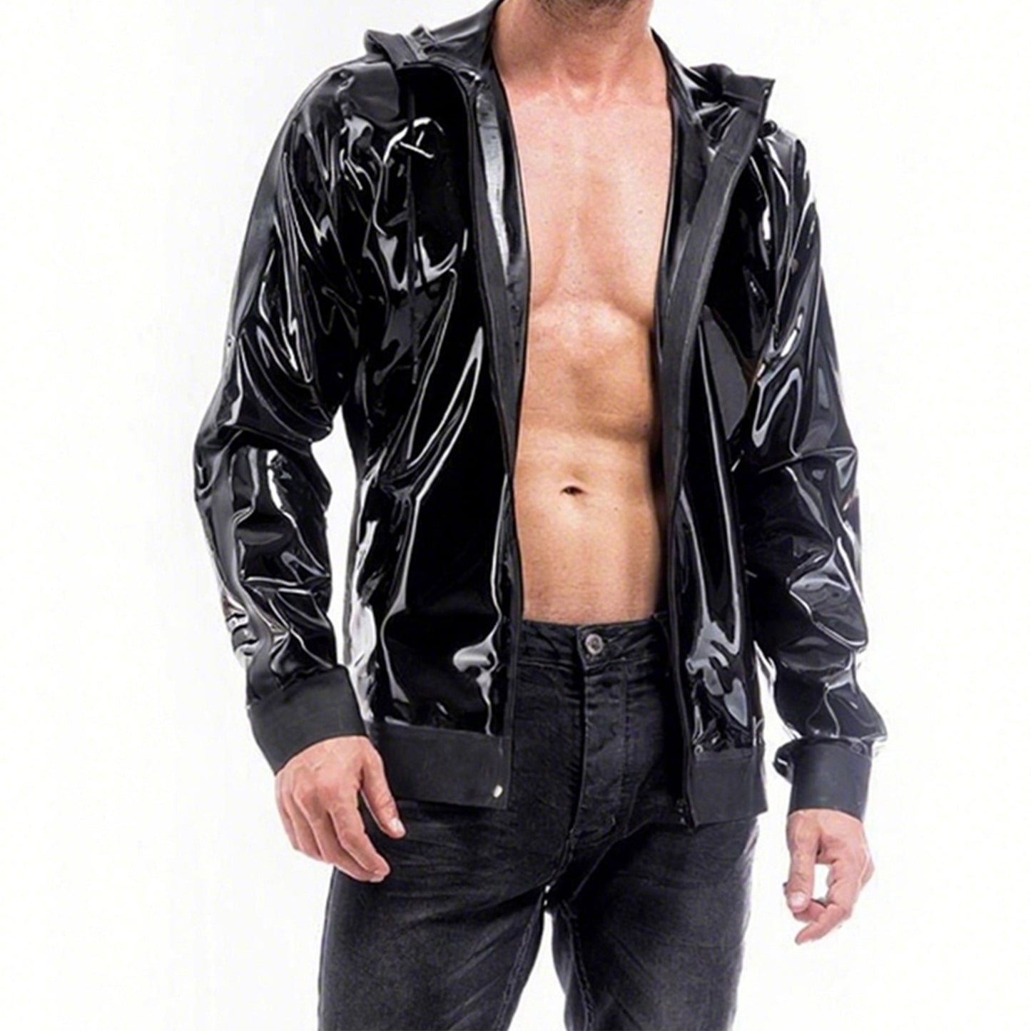 Men Black Hooded Zipper Latex Jacket With Pockets