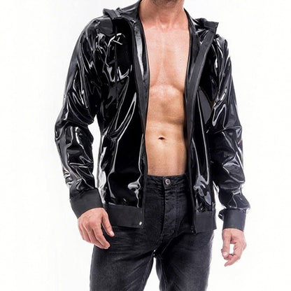 Men Black Hooded Zipper Latex Jacket With Pockets