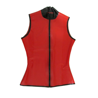 Women's Red Sleeveless Latex T-Shirt with Front Zipper