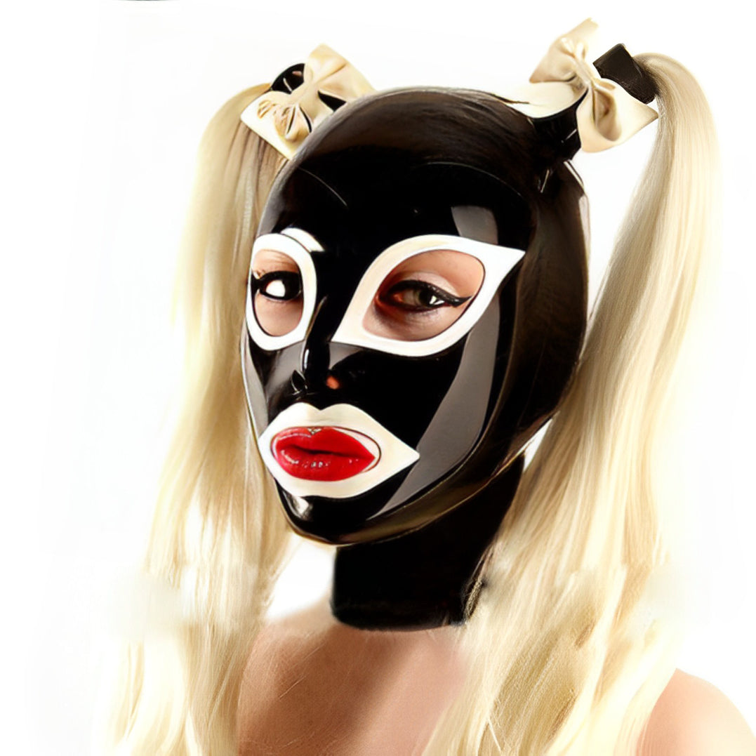 Women Black Latex Mask With Double Ponytail Wig