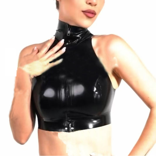 Women's Latex Camisole with Front Zipper,Handmade Natural Rubber Latex Turtleneck T-Shirt