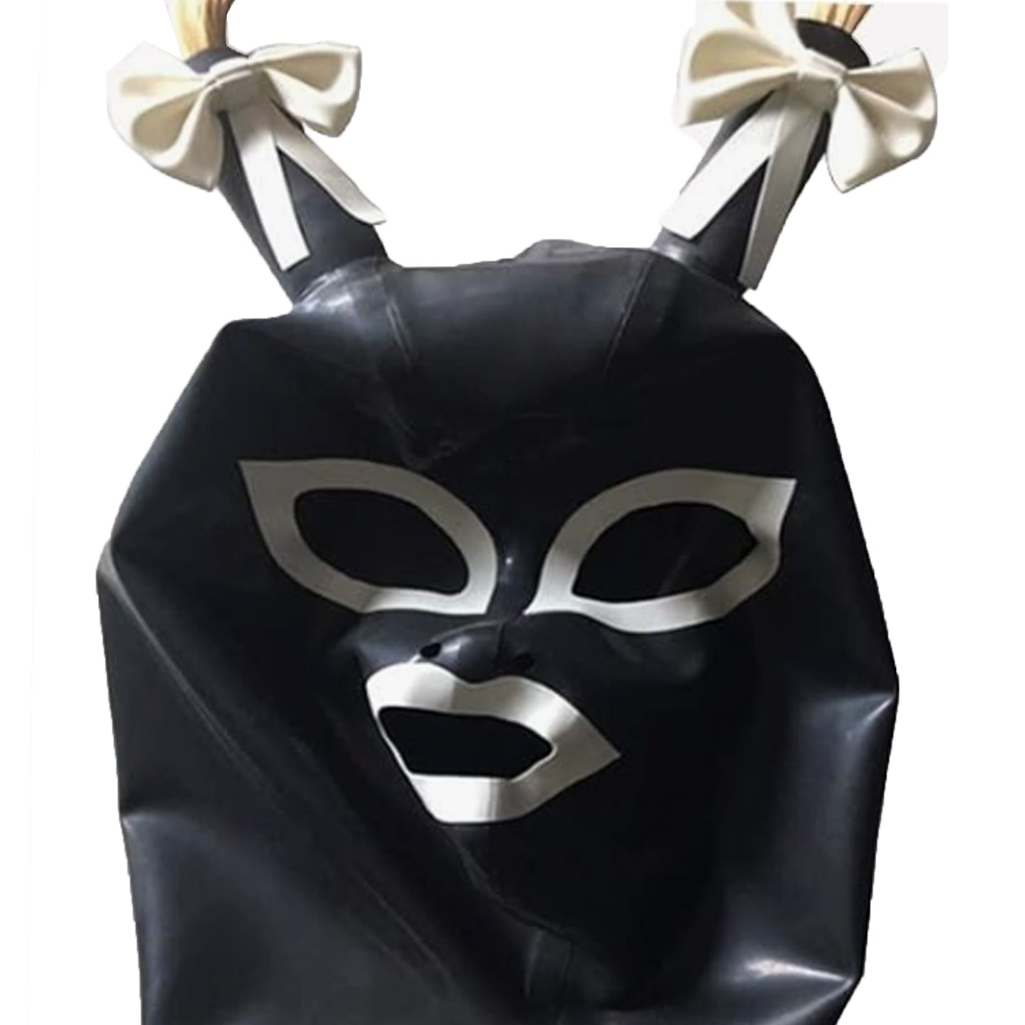 Women Black Latex Mask With Double Ponytail Wig