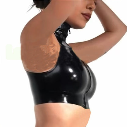 Women's Latex Camisole with Front Zipper,Handmade Natural Rubber Latex Turtleneck T-Shirt