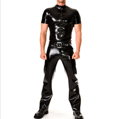 Men's Black Latex Shirts,Handmade Natural Rubber Latex T-Shirt with Zipper