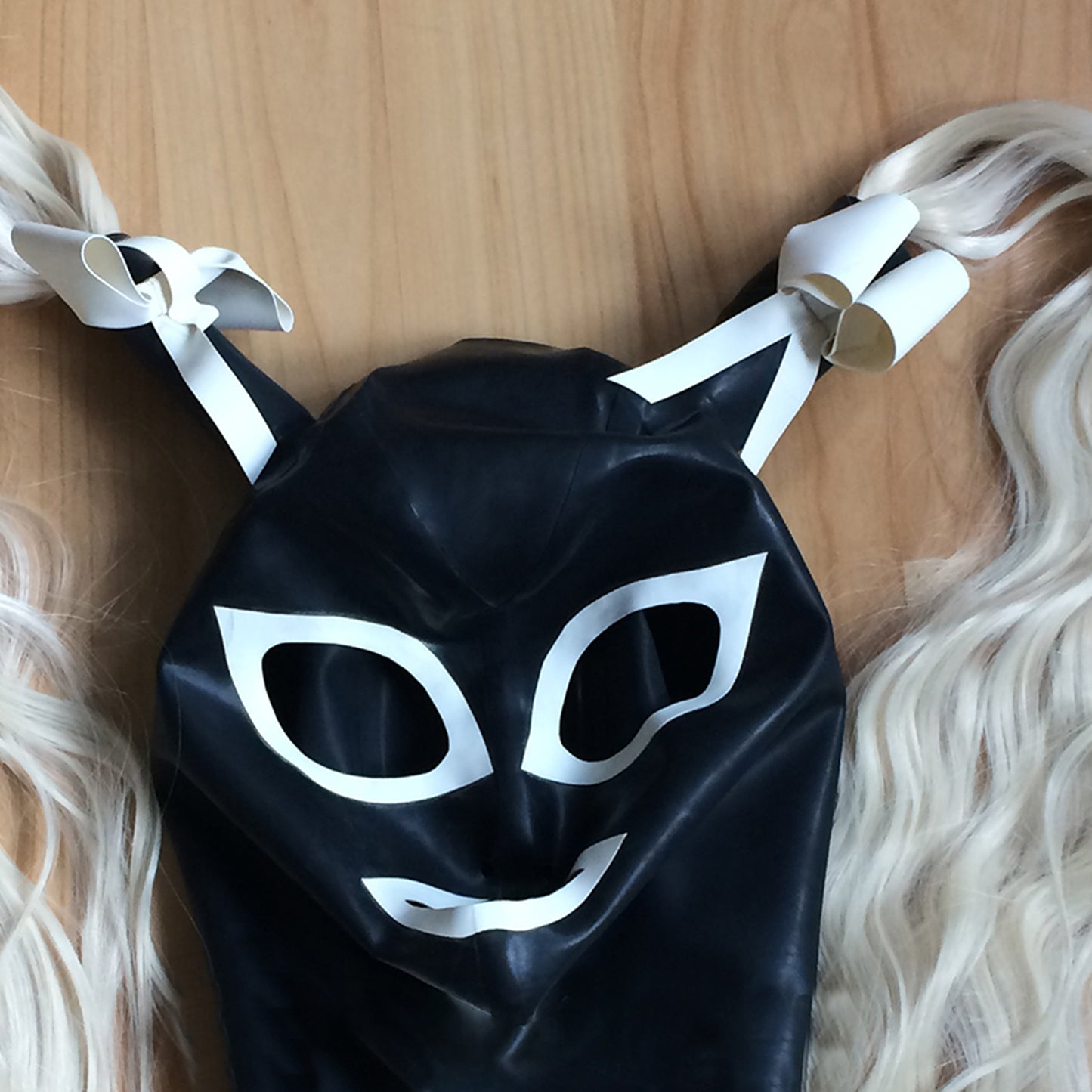 Women Black Latex Mask With Double Ponytail Wig
