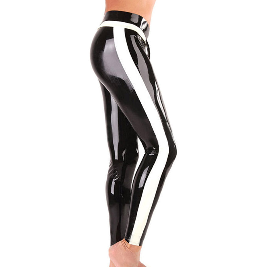 Black Latex Leggings with White Side Stripes