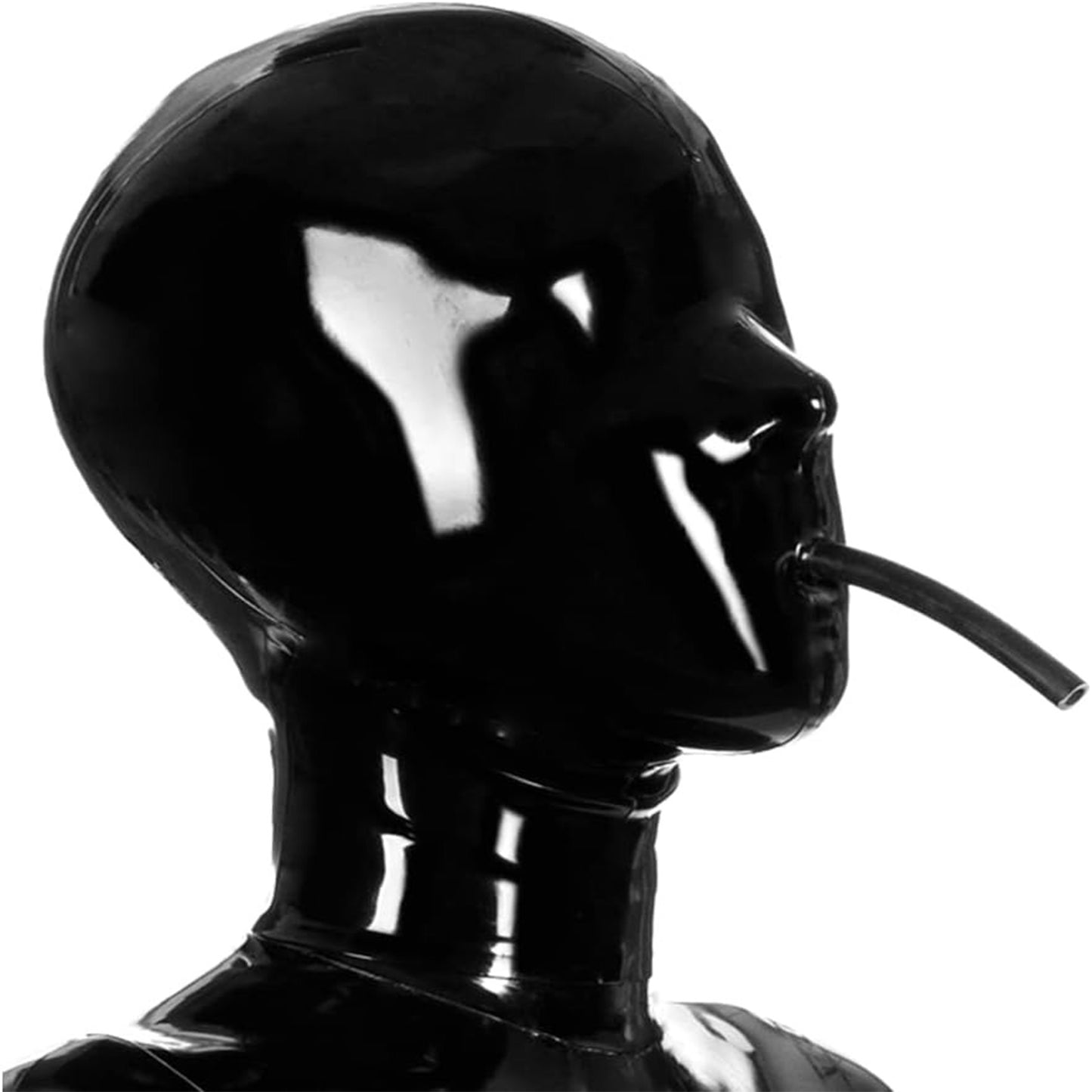 Black Latex Hood Mask with Mouth Tube,Full Face Breathing Zipped Latex Mask