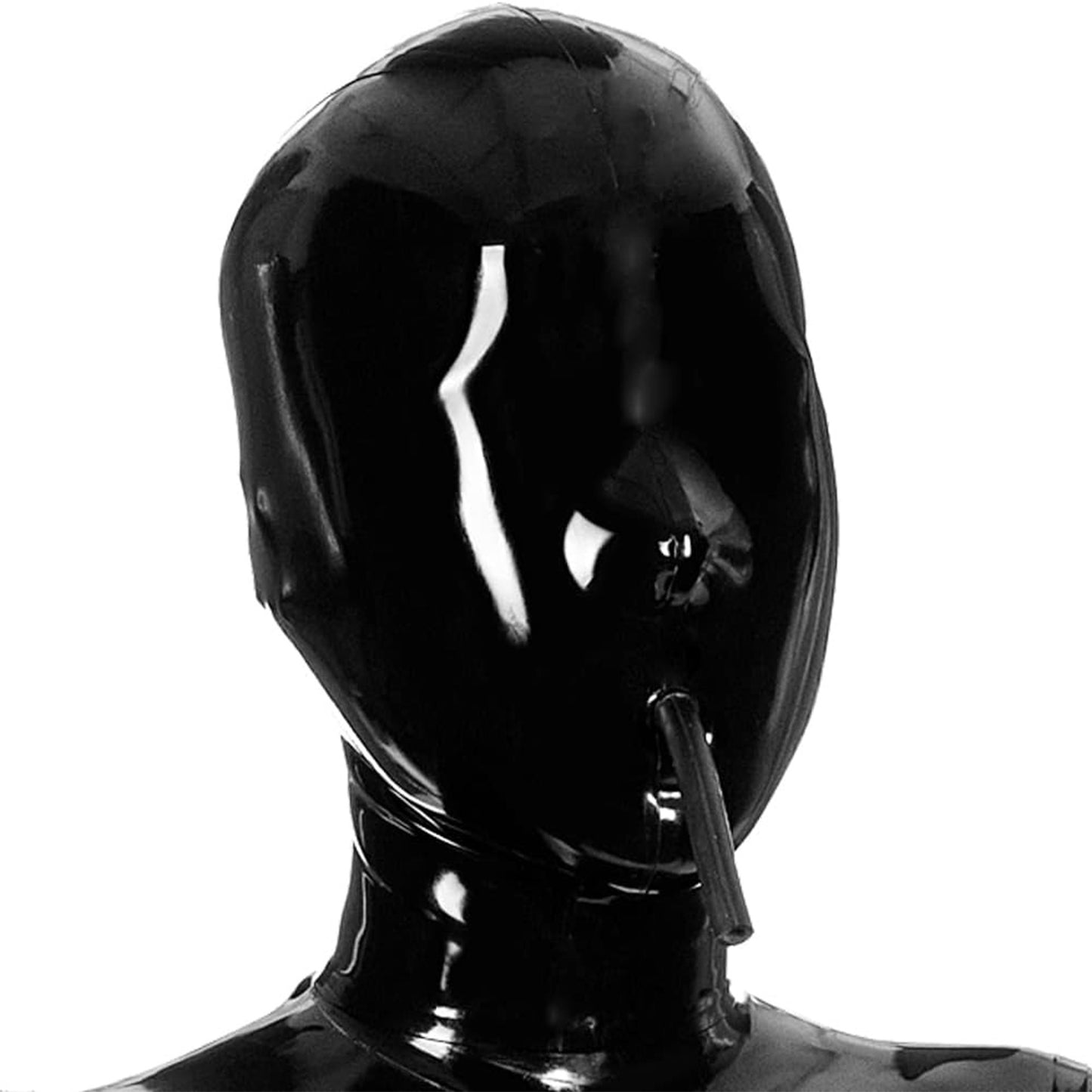 Black Latex Hood Mask with Mouth Tube,Full Face Breathing Zipped Latex Mask