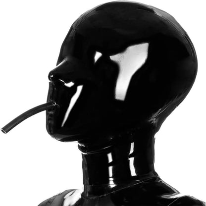 Black Latex Hood Mask with Mouth Tube,Full Face Breathing Zipped Latex Mask