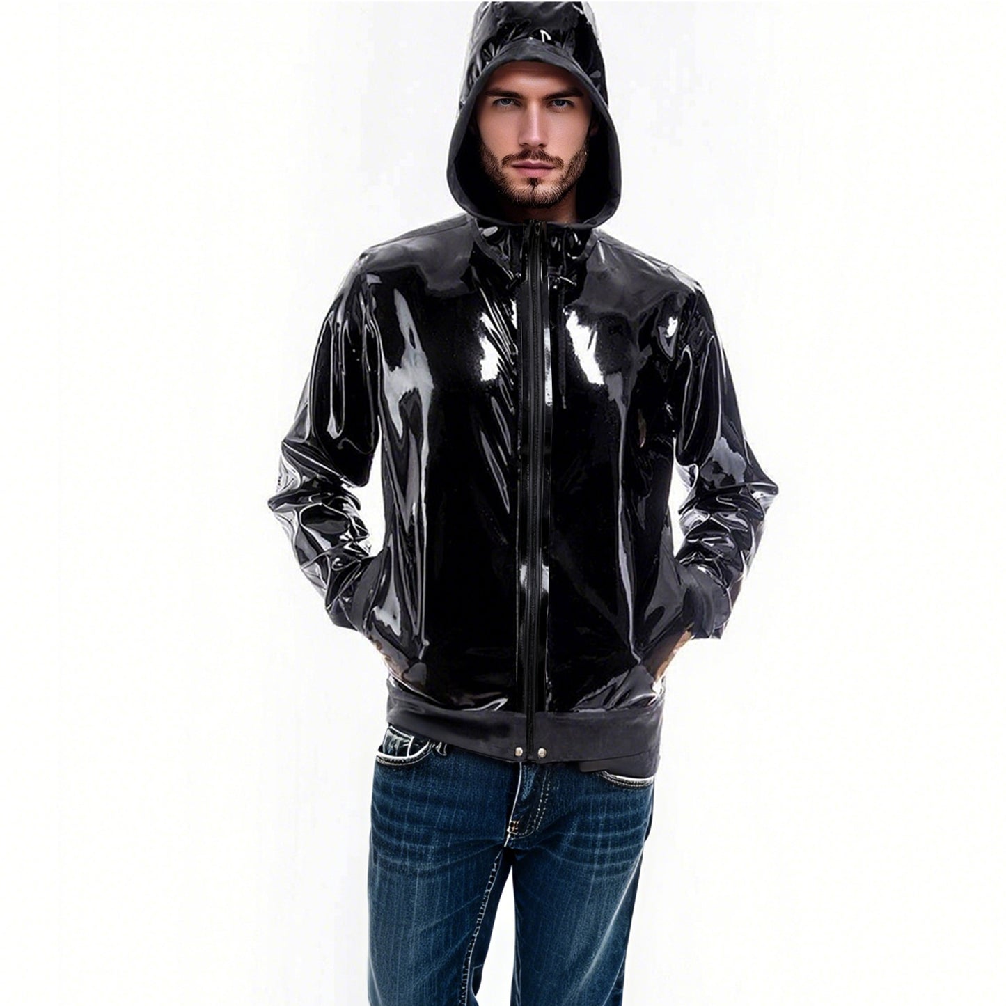 Men Black Hooded Zipper Latex Jacket With Pockets