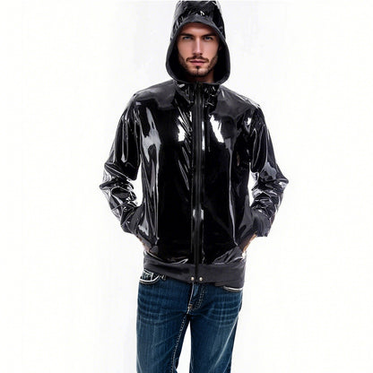Men Black Hooded Zipper Latex Jacket With Pockets