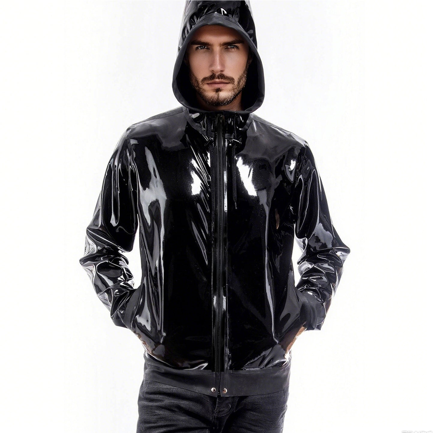 Men Black Hooded Zipper Latex Jacket With Pockets