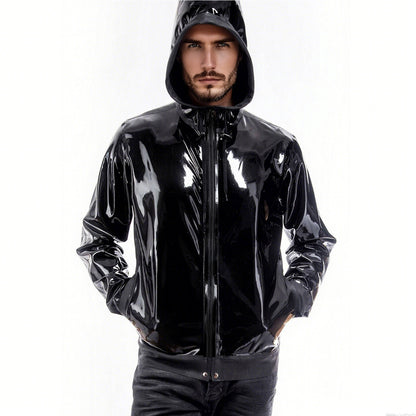 Men Black Hooded Zipper Latex Jacket With Pockets