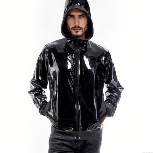 Men Black Hooded Zipper Latex Jacket With Pockets