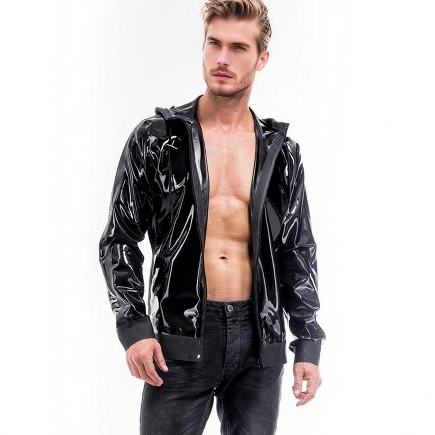 Men Black Hooded Zipper Latex Jacket With Pockets