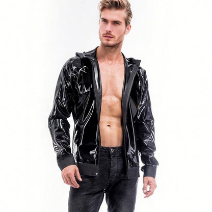 Men Black Hooded Zipper Latex Jacket With Pockets