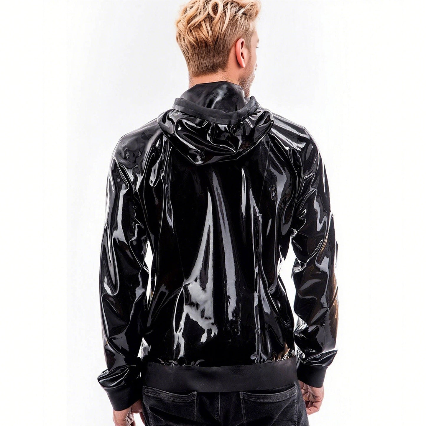 Men Black Hooded Zipper Latex Jacket With Pockets