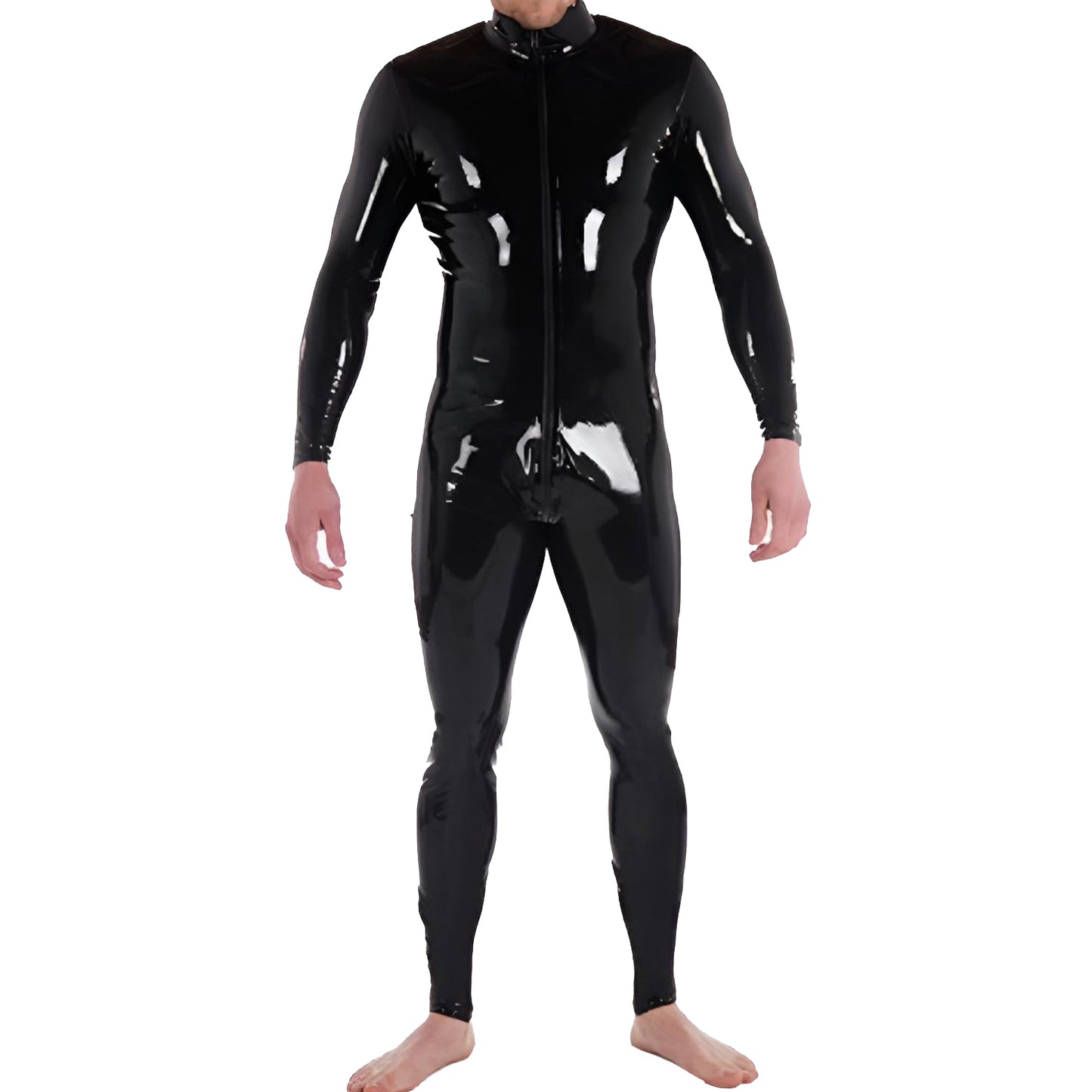 Men Black Front Zip Latex Catsuit Bodysuit