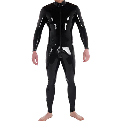 Men Black Front Zip Latex Catsuit Bodysuit