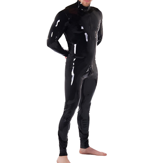 Men Black Front Zip Latex Catsuit Bodysuit