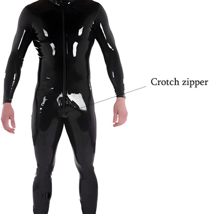 Men Black Front Zip Latex Catsuit Bodysuit