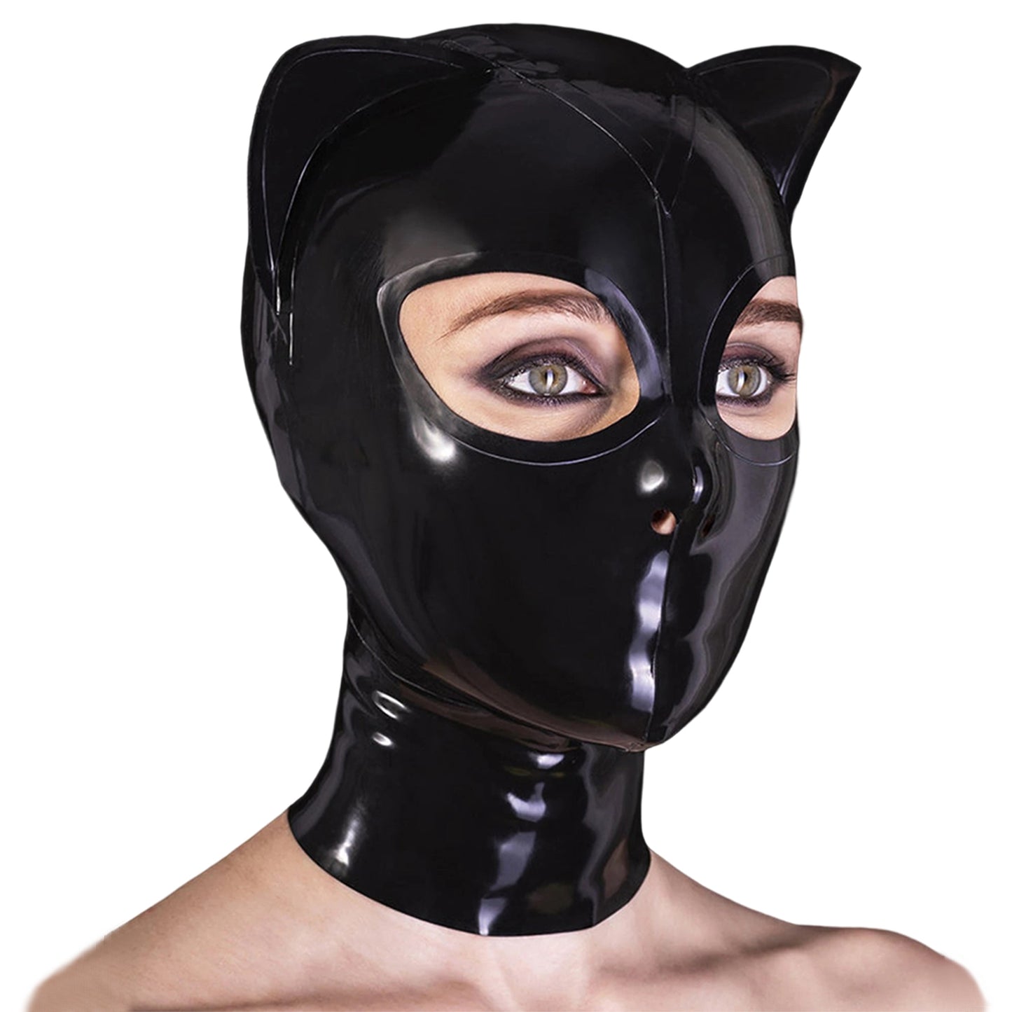 Black Cat Ear Back Zipper Handcrafted Latex Hood Mask