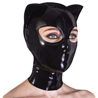 Black Cat Ear Back Zipper Handcrafted Latex Hood Mask