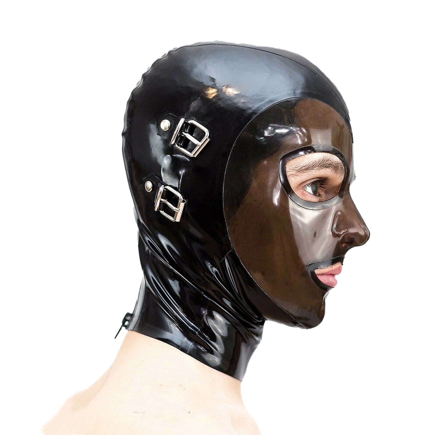 Detachable Blindfold Mouth Cover Latex Hood Mask Rear Zipper
