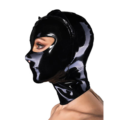 Black Cat Ear Back Zipper Handcrafted Latex Hood Mask