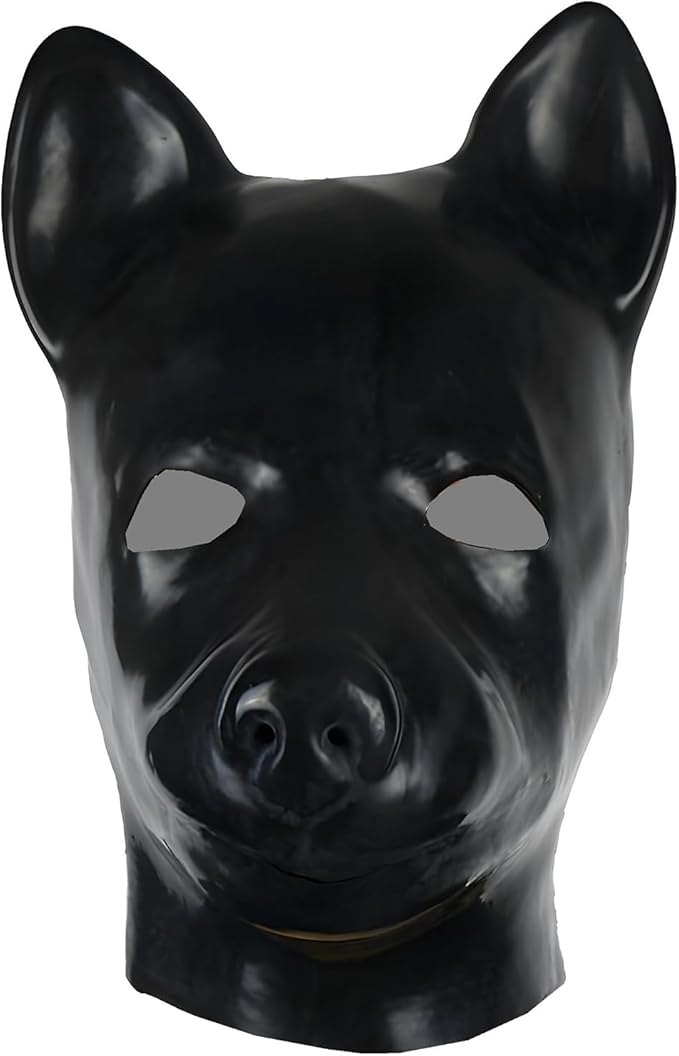 Black Full Face Latex Dog Hood Mask Back Zip Halloween Cosplay