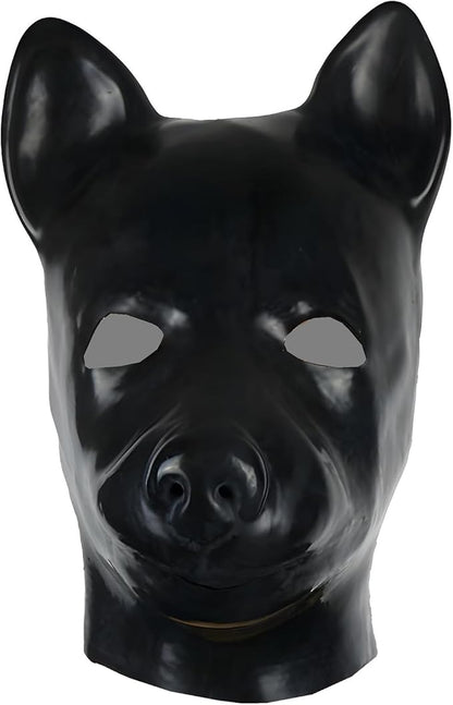 Black Full Face Latex Dog Hood Mask Back Zip Halloween Cosplay