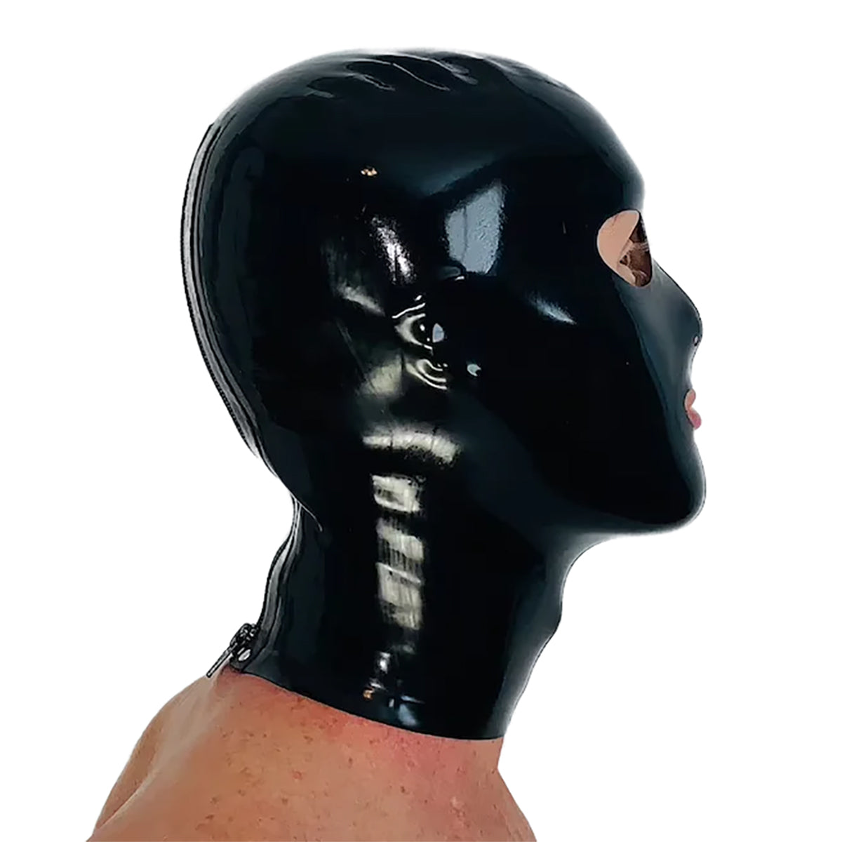 Full Face Black Latex Hood Mask Unisex, Handcrafted With Rear Zipper