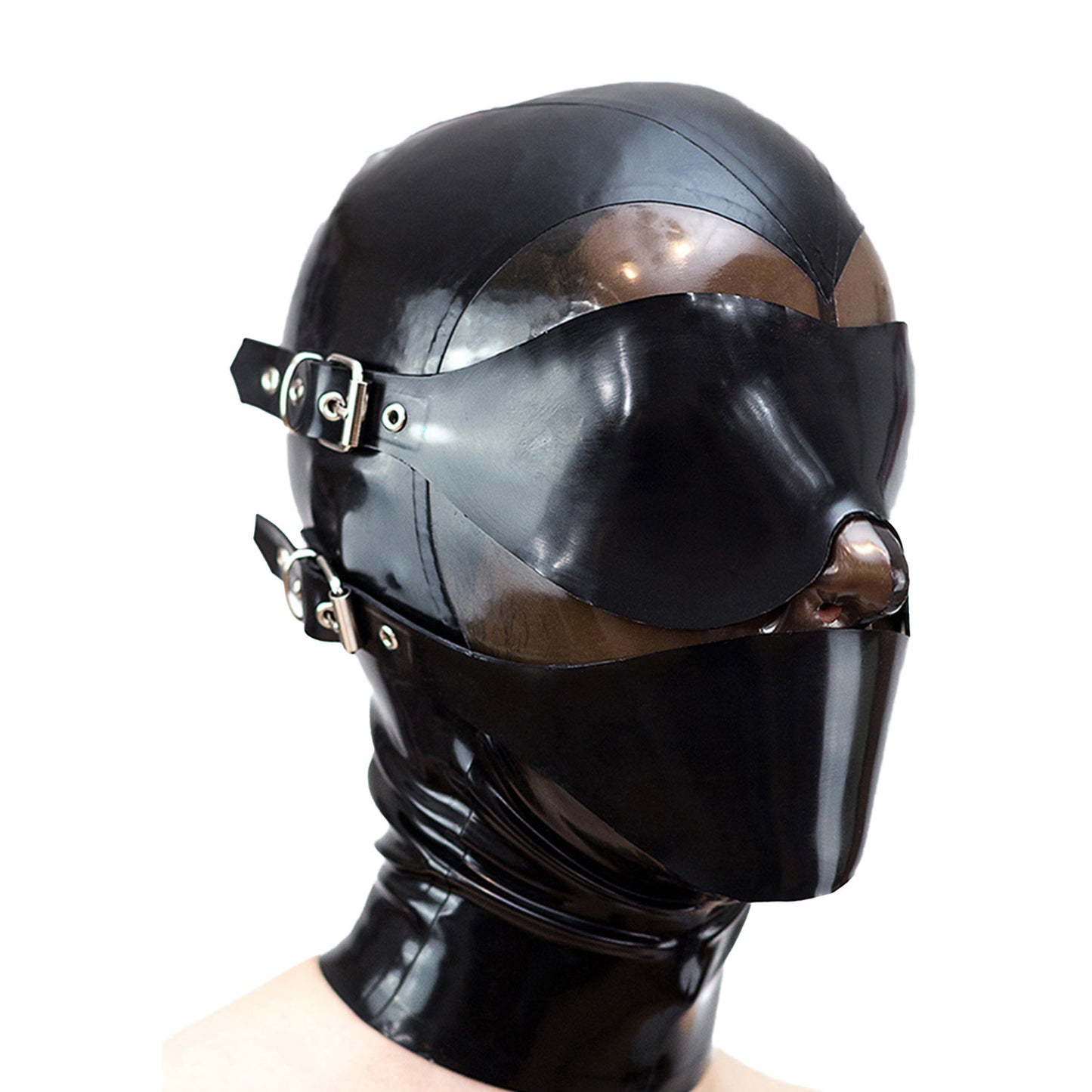 Detachable Blindfold Mouth Cover Latex Hood Mask Rear Zipper