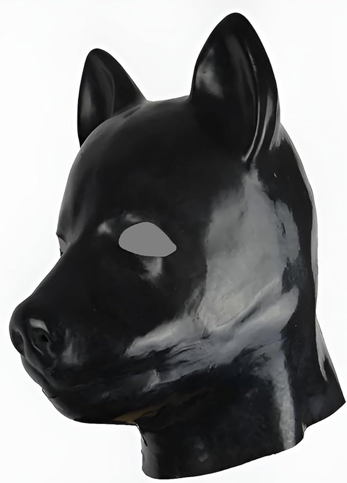 Black Full Face Latex Dog Hood Mask Back Zip Halloween Cosplay
