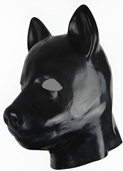 Black Full Face Latex Dog Hood Mask Back Zip Halloween Cosplay
