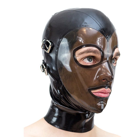 Detachable Blindfold Mouth Cover Latex Hood Mask Rear Zipper