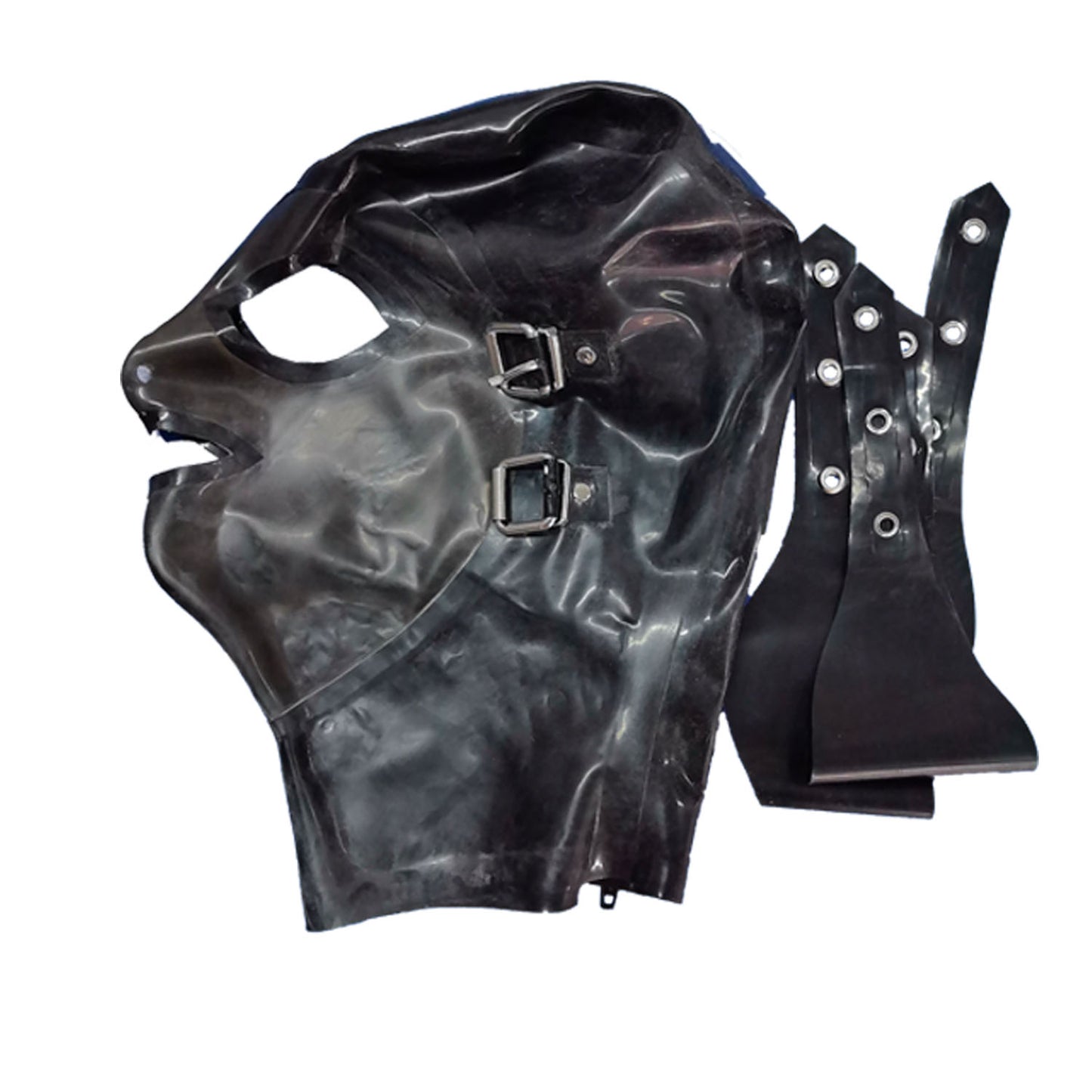Detachable Blindfold Mouth Cover Latex Hood Mask Rear Zipper