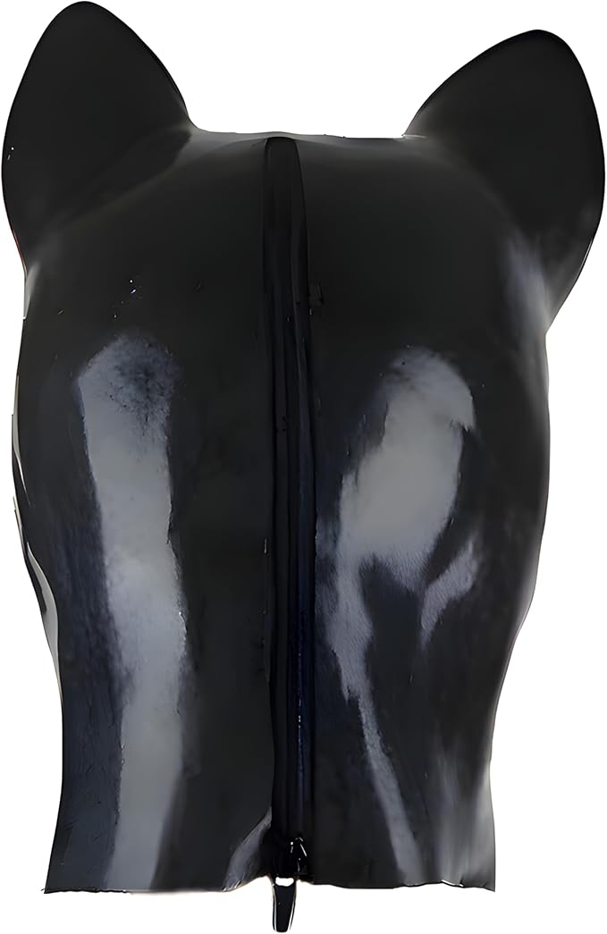 Black Full Face Latex Dog Hood Mask Back Zip Halloween Cosplay