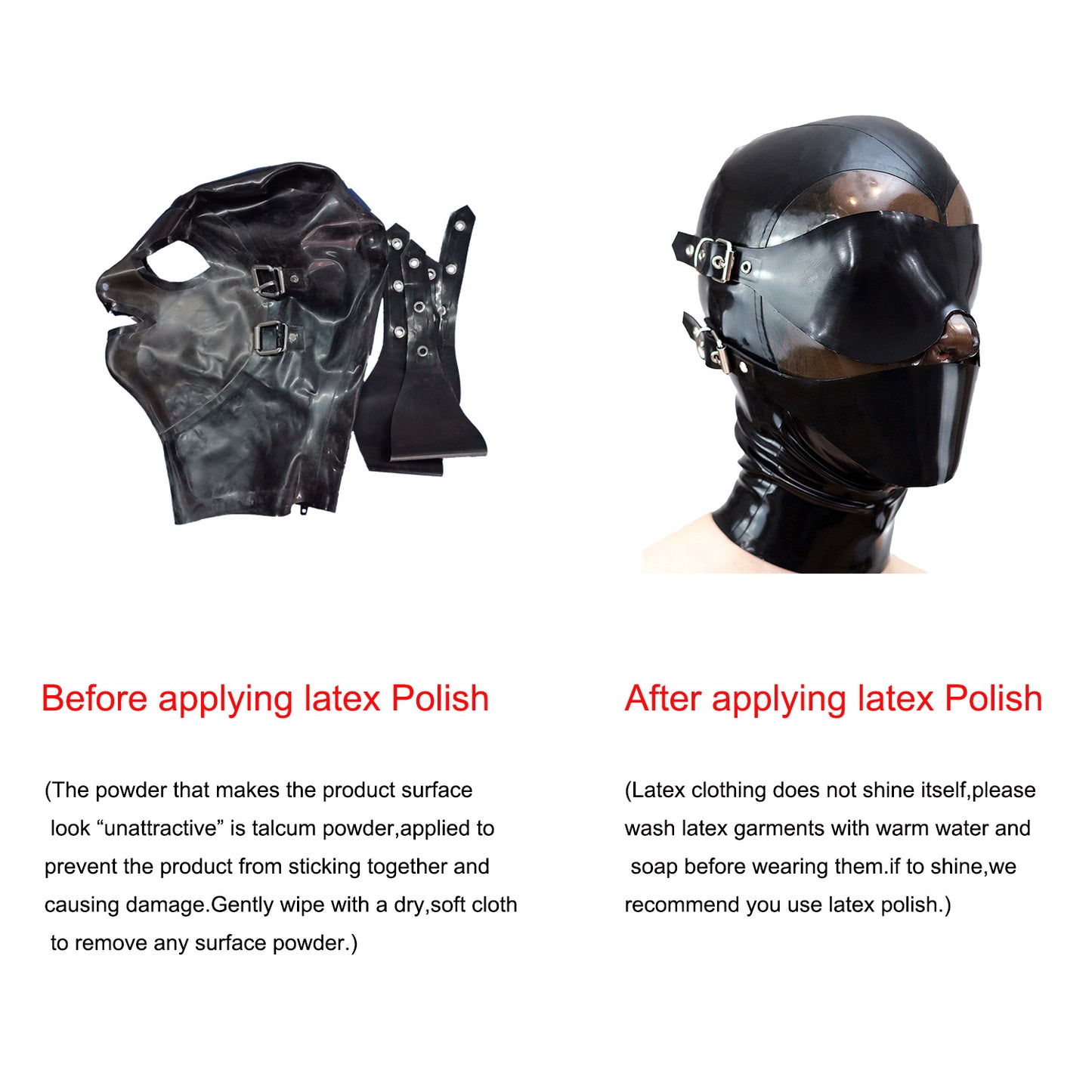 Detachable Blindfold Mouth Cover Latex Hood Mask Rear Zipper