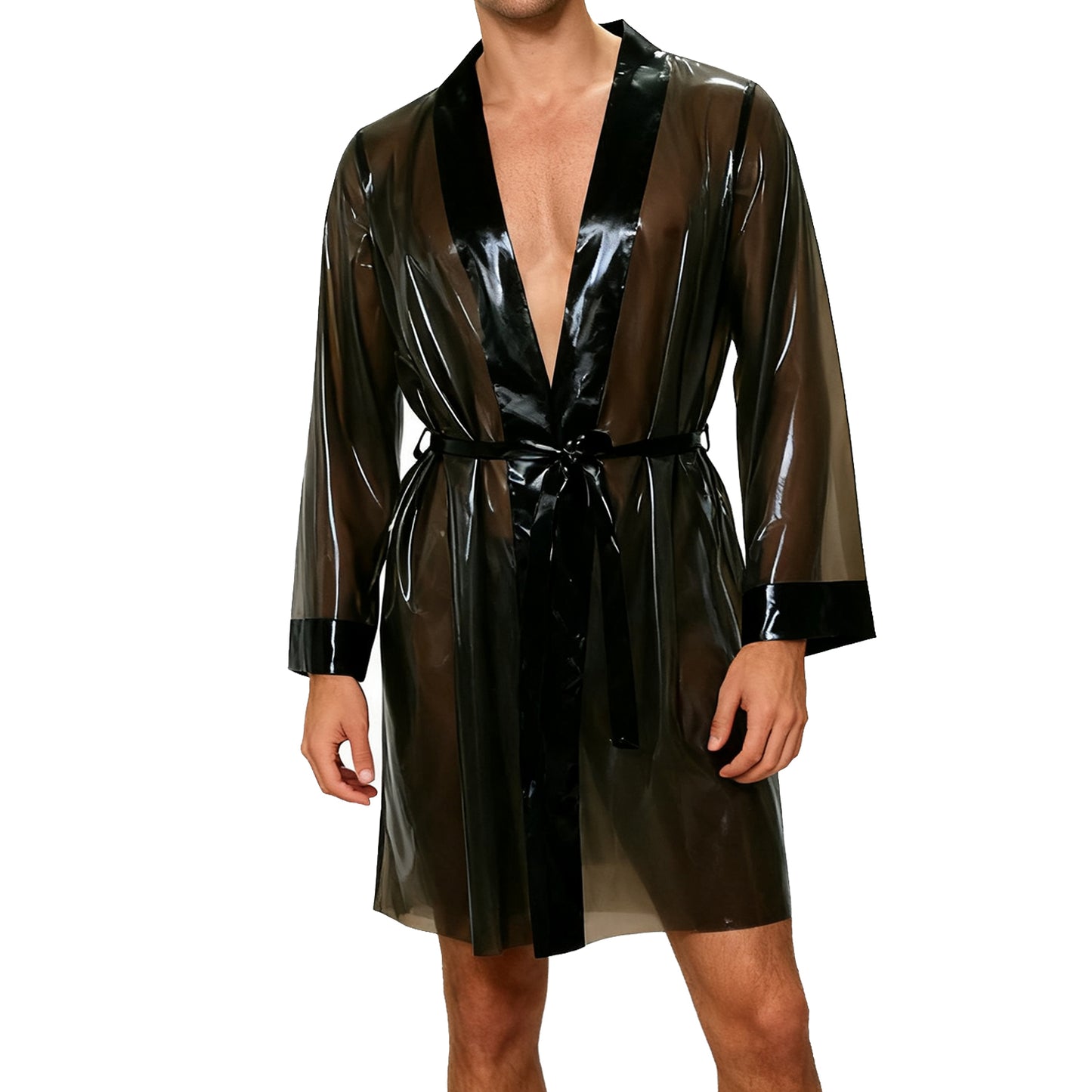Unisex Clear Black Latex Tie Lacing Robe Dress