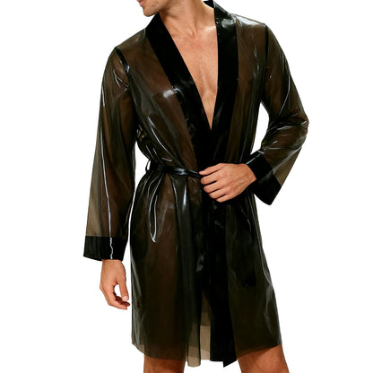 Unisex Clear Black Latex Tie Lacing Robe Dress