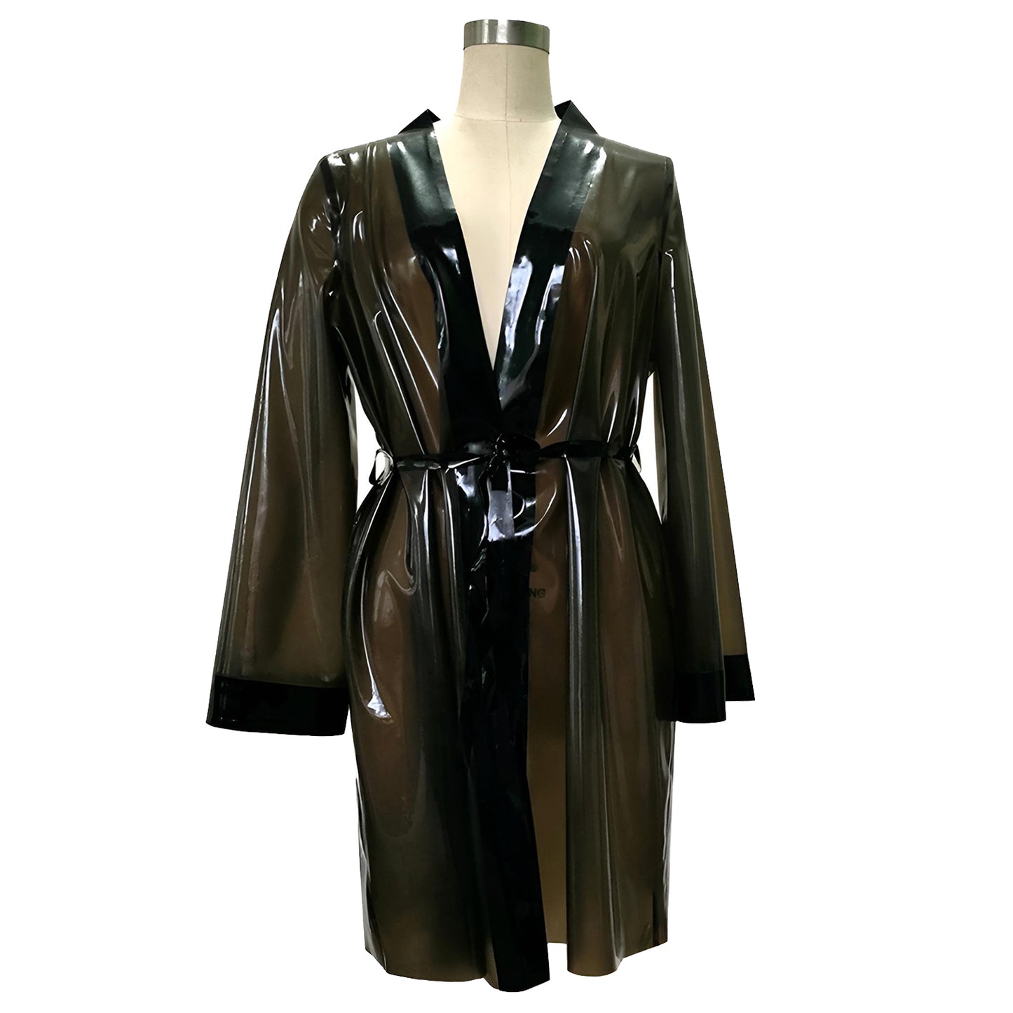 Unisex Clear Black Latex Tie Lacing Robe Dress