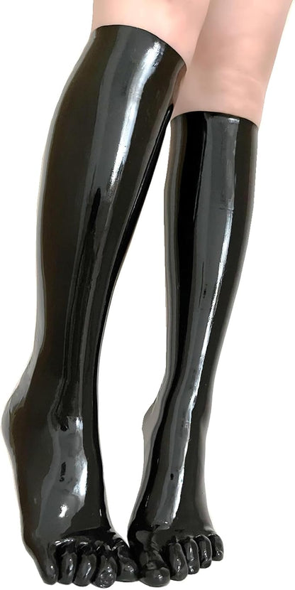 Black Latex Toe-Covering Knee-High Socks