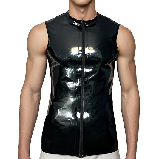 Men Crew Neck Front Zipper Latex Tank Top